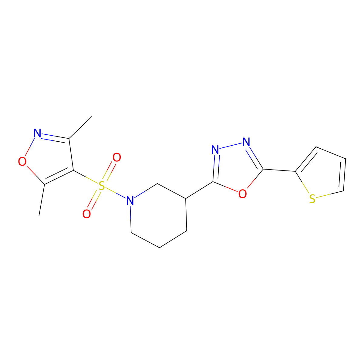 2-(1-((3,5-Dimethylisoxazol-4-yl)sulfonyl)piperidin-3-yl)-5-(thiophen-2-yl)-1,3,4-oxadiazole molecular structure, CAS 1226458-83-8