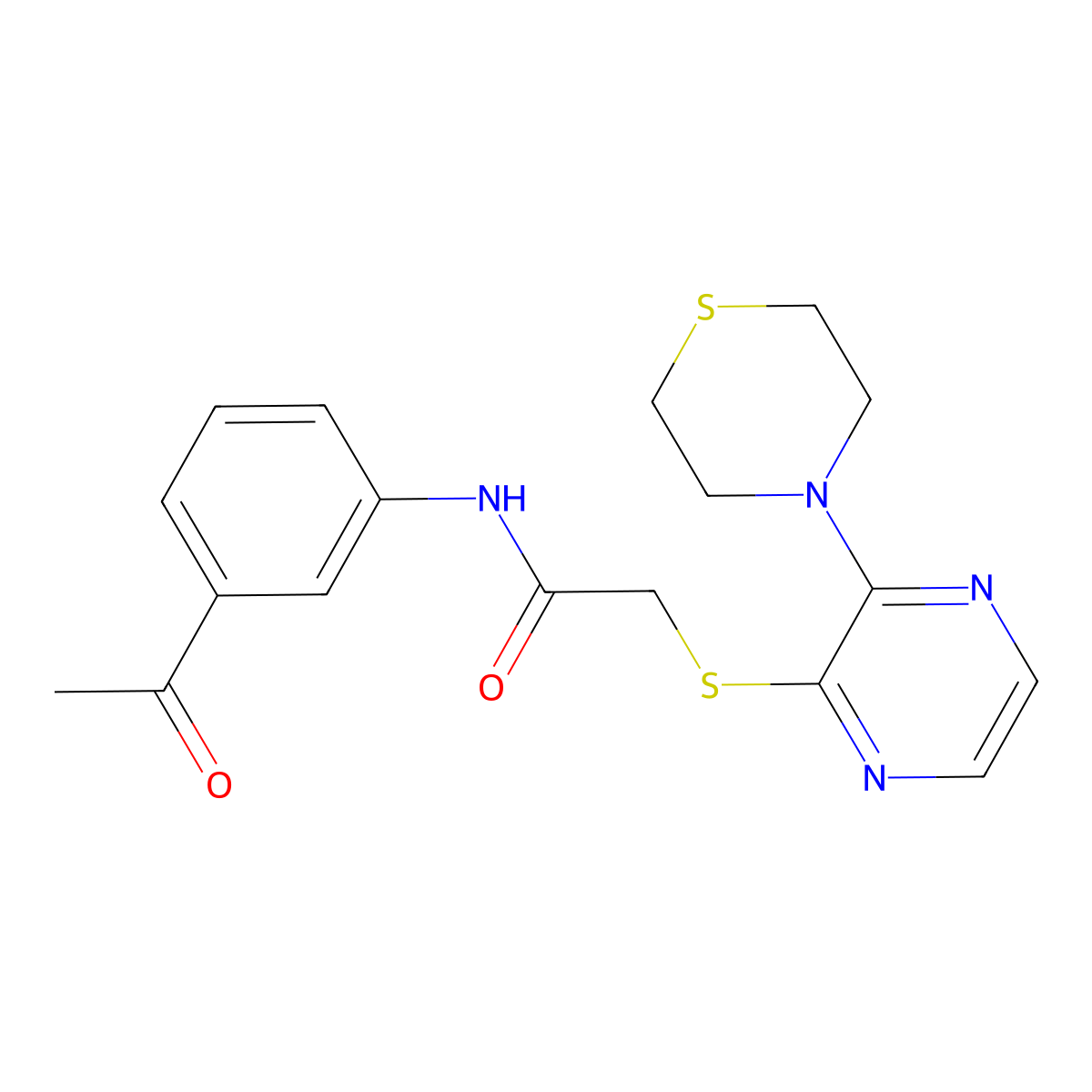 N-(3-acetylphenyl)-2-((3-thiomorpholinopyrazin-2-yl)thio)acetamide molecular structure, CAS 1226458-84-9