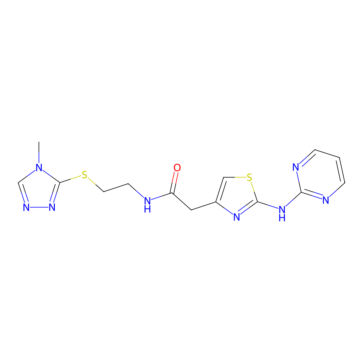 N-(2-((4-methyl-4H-1,2,4-triazol-3-yl)thio)ethyl)-2-(2-(pyrimidin-2-ylamino)thiazol-4-yl)acetamide molecular structure, CAS 1226458-86-1