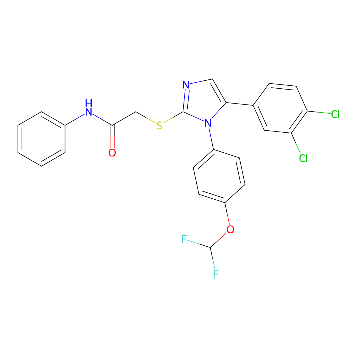 2-((5-(3,4-dichlorophenyl)-1-(4-(difluoromethoxy)phenyl)-1H-imidazol-2-yl)thio)-N-phenylacetamide molecular structure, CAS 1226458-90-7