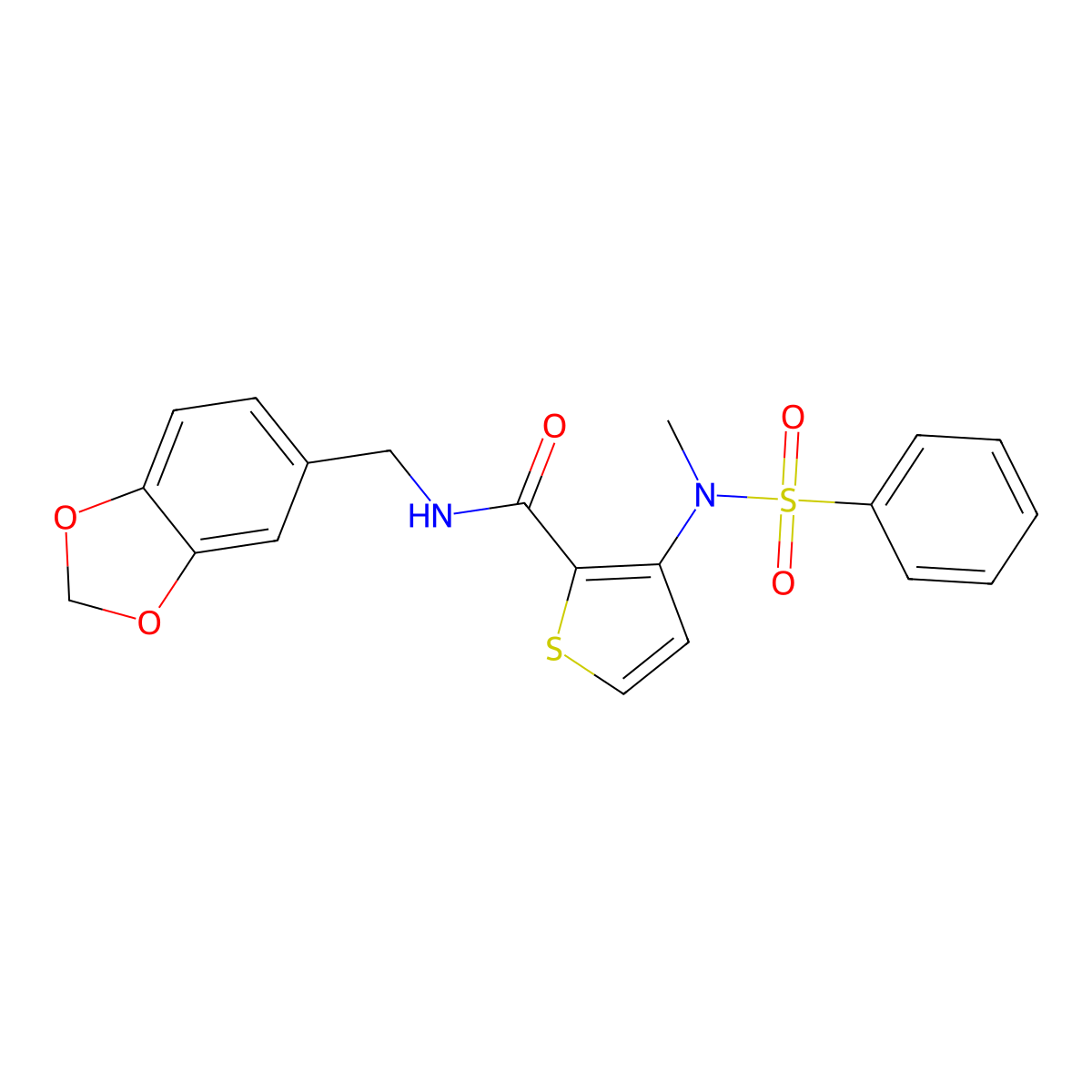N-(1,3-benzodioxol-5-ylmethyl)-3-[methyl(phenylsulfonyl)amino]thiophene-2-carboxamide molecular structure, CAS 1226458-95-2