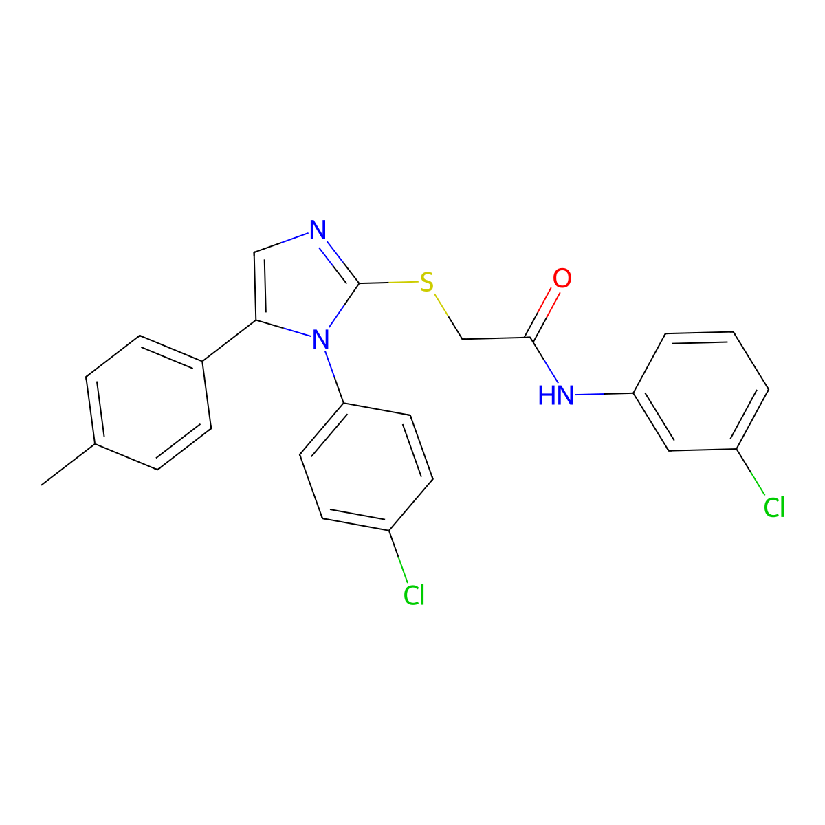 N-(3-chlorophenyl)-2-((1-(4-chlorophenyl)-5-(p-tolyl)-1H-imidazol-2-yl)thio)acetamide molecular structure, CAS 1226459-01-3