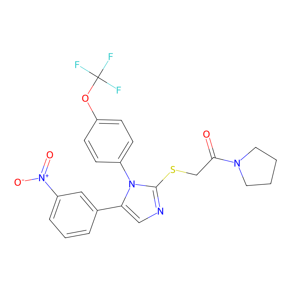 2-((5-(3-nitrophenyl)-1-(4-(trifluoromethoxy)phenyl)-1H-imidazol-2-yl)thio)-1-(pyrrolidin-1-yl)ethanone molecular structure, CAS 1226459-05-7