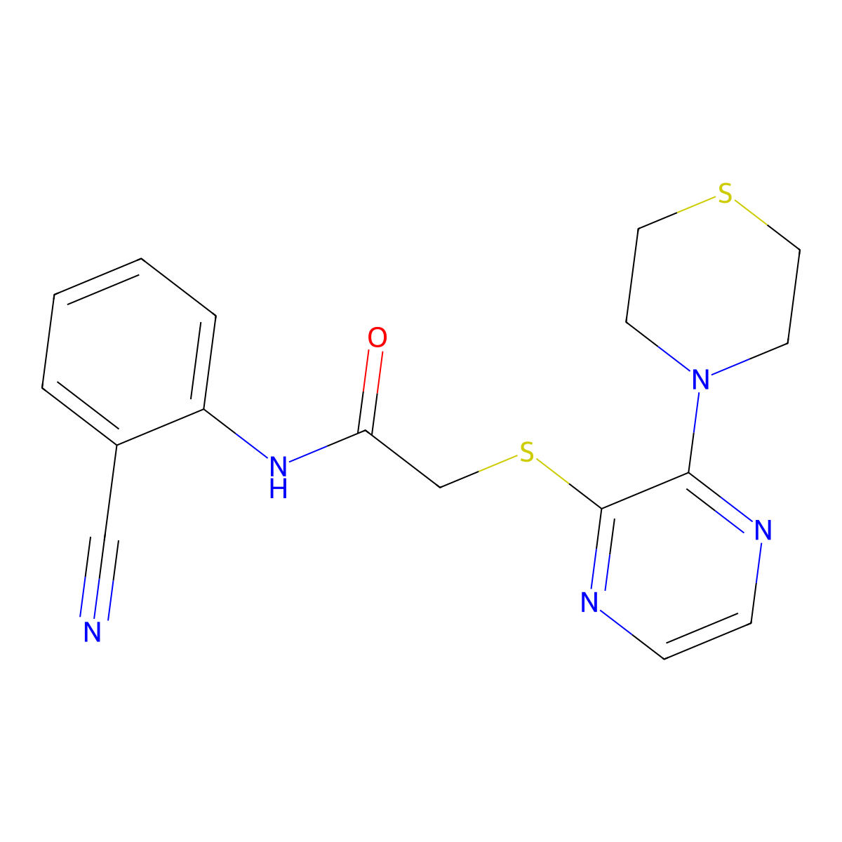 N-(2-cyanophenyl)-2-((3-thiomorpholinopyrazin-2-yl)thio)acetamide molecular structure, CAS 1226459-16-0