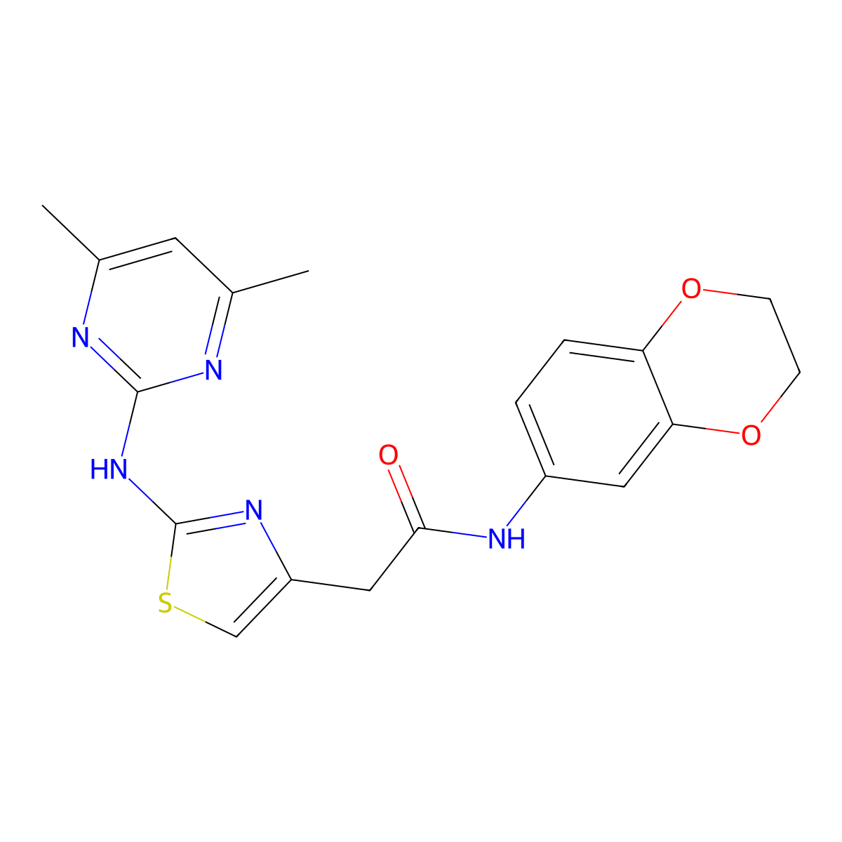 N-(2,3-dihydrobenzo[b][1,4]dioxin-6-yl)-2-(2-((4,6-dimethylpyrimidin-2-yl)amino)thiazol-4-yl)acetamide molecular structure, CAS 1226459-29-5