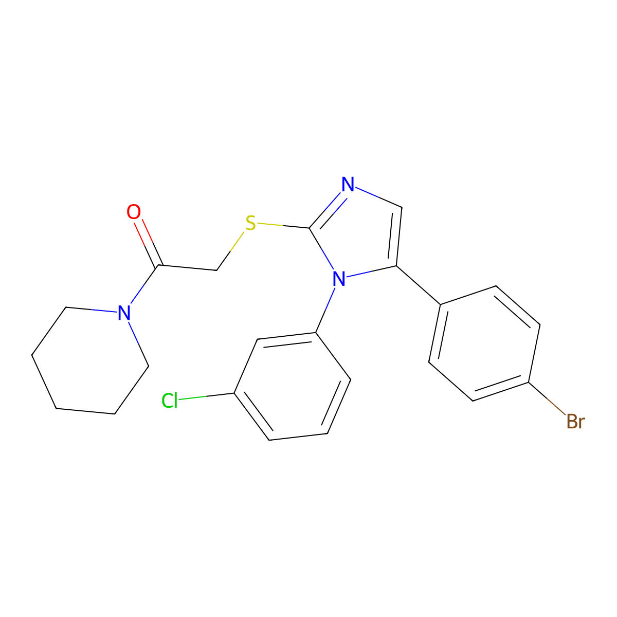 2-((5-(4-bromophenyl)-1-(3-chlorophenyl)-1H-imidazol-2-yl)thio)-1-(piperidin-1-yl)ethanone molecular structure, CAS 1226459-33-1