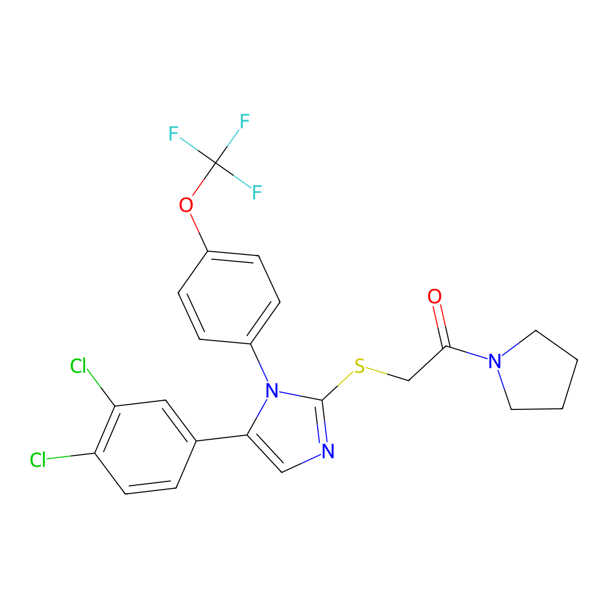 2-((5-(3,4-dichlorophenyl)-1-(4-(trifluoromethoxy)phenyl)-1H-imidazol-2-yl)thio)-1-(pyrrolidin-1-yl)ethanone molecular structure, CAS 1226459-44-4