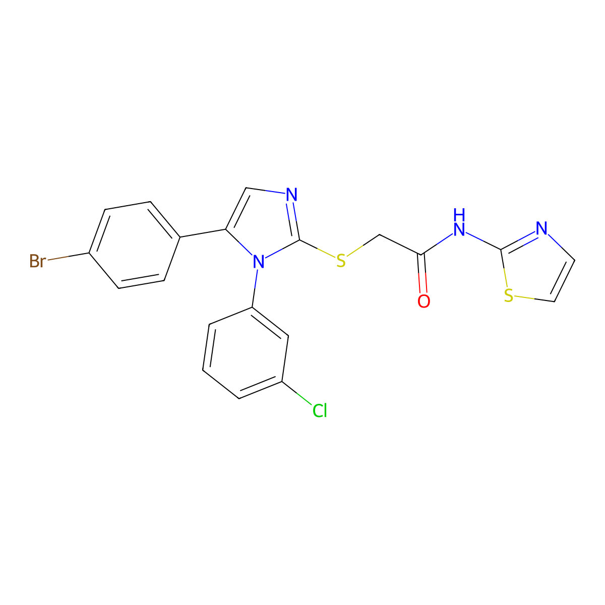 2-((5-(4-bromophenyl)-1-(3-chlorophenyl)-1H-imidazol-2-yl)thio)-N-(thiazol-2-yl)acetamide molecular structure, CAS 1226459-56-8