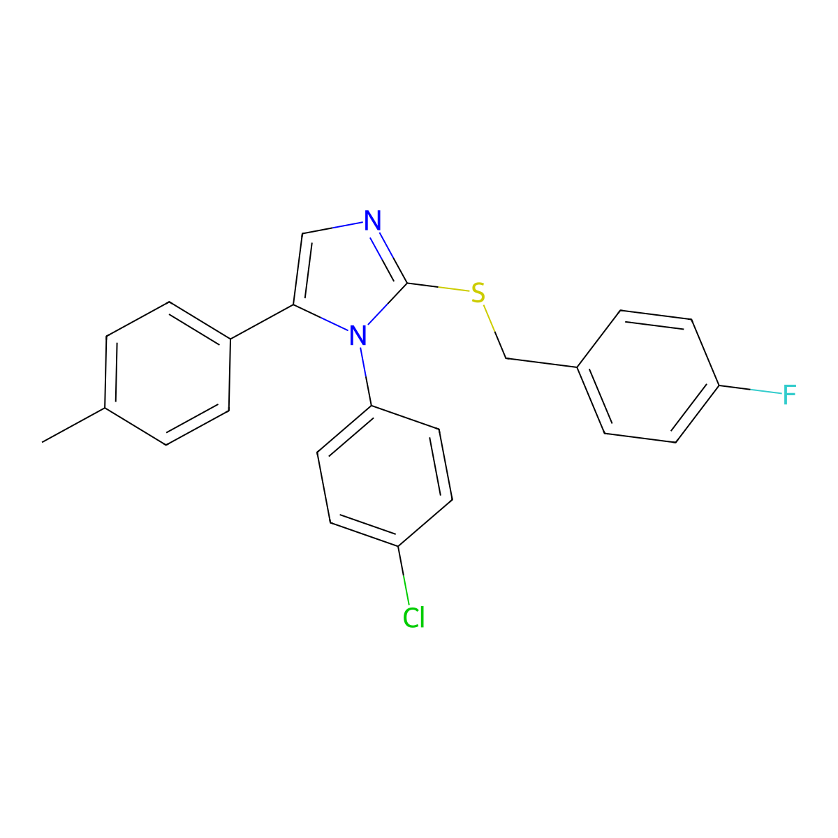 1-(4-chlorophenyl)-2-((4-fluorobenzyl)thio)-5-(p-tolyl)-1H-imidazole molecular structure, CAS 1226459-57-9