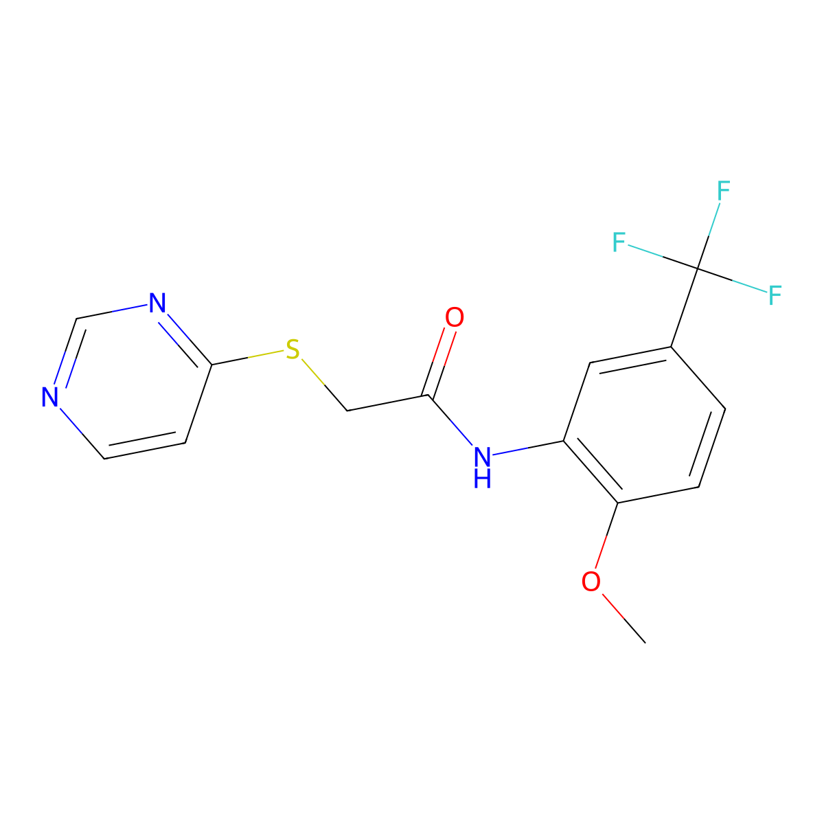 N-(2-methoxy-5-(trifluoromethyl)phenyl)-2-(pyrimidin-4-ylthio)acetamide molecular structure, CAS 1226459-65-9