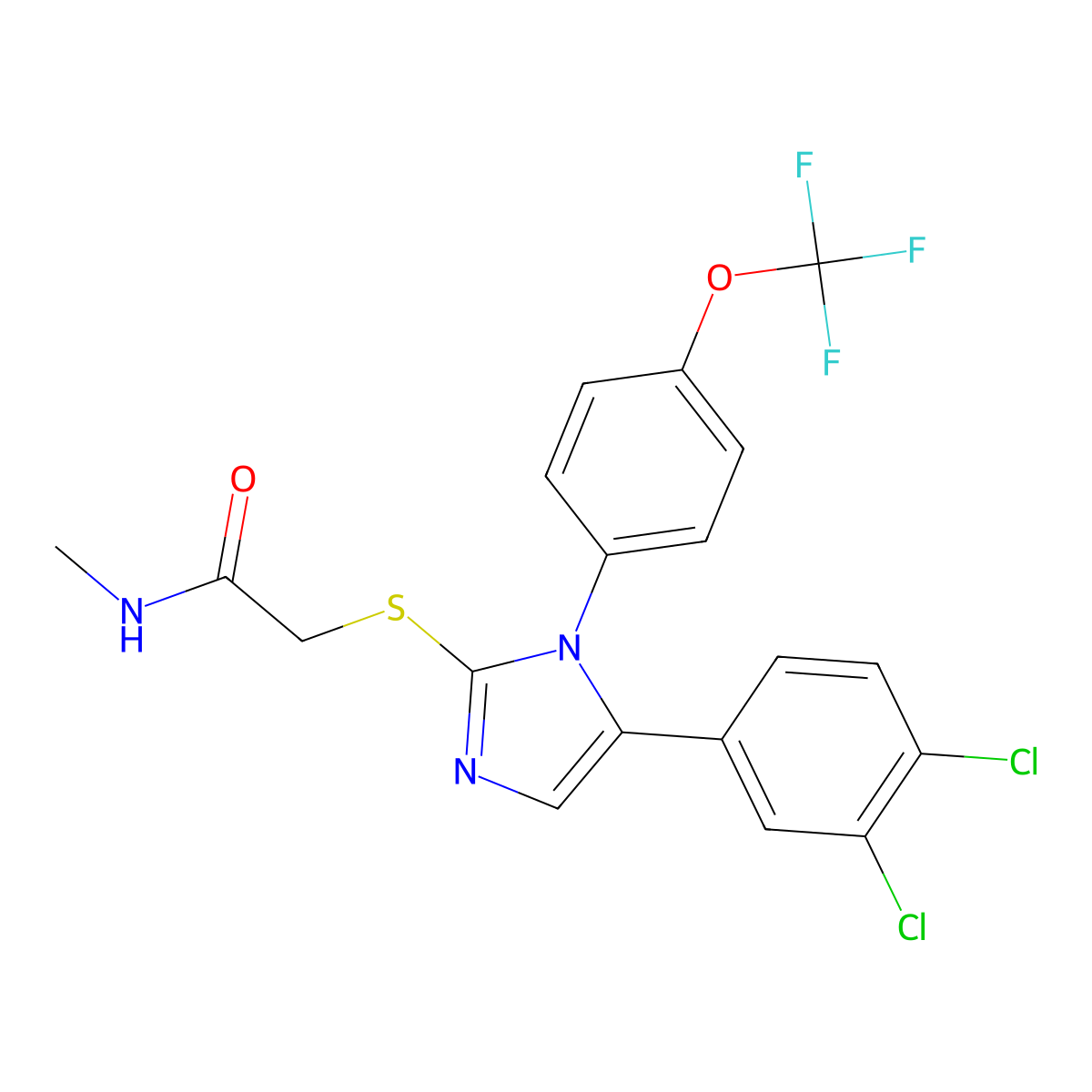 2-((5-(3,4-dichlorophenyl)-1-(4-(trifluoromethoxy)phenyl)-1H-imidazol-2-yl)thio)-N-methylacetamide molecular structure, CAS 1226459-80-8