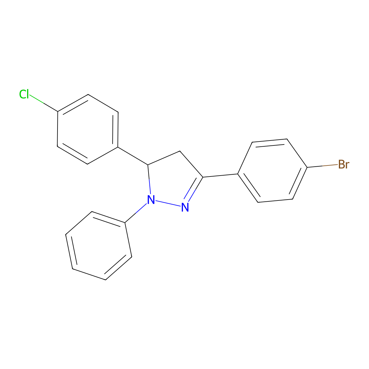 3-(4-bromophenyl)-5-(4-chlorophenyl)-1-phenyl-4,5-dihydro-1H-pyrazole molecular structure, CAS 122652-40-8
