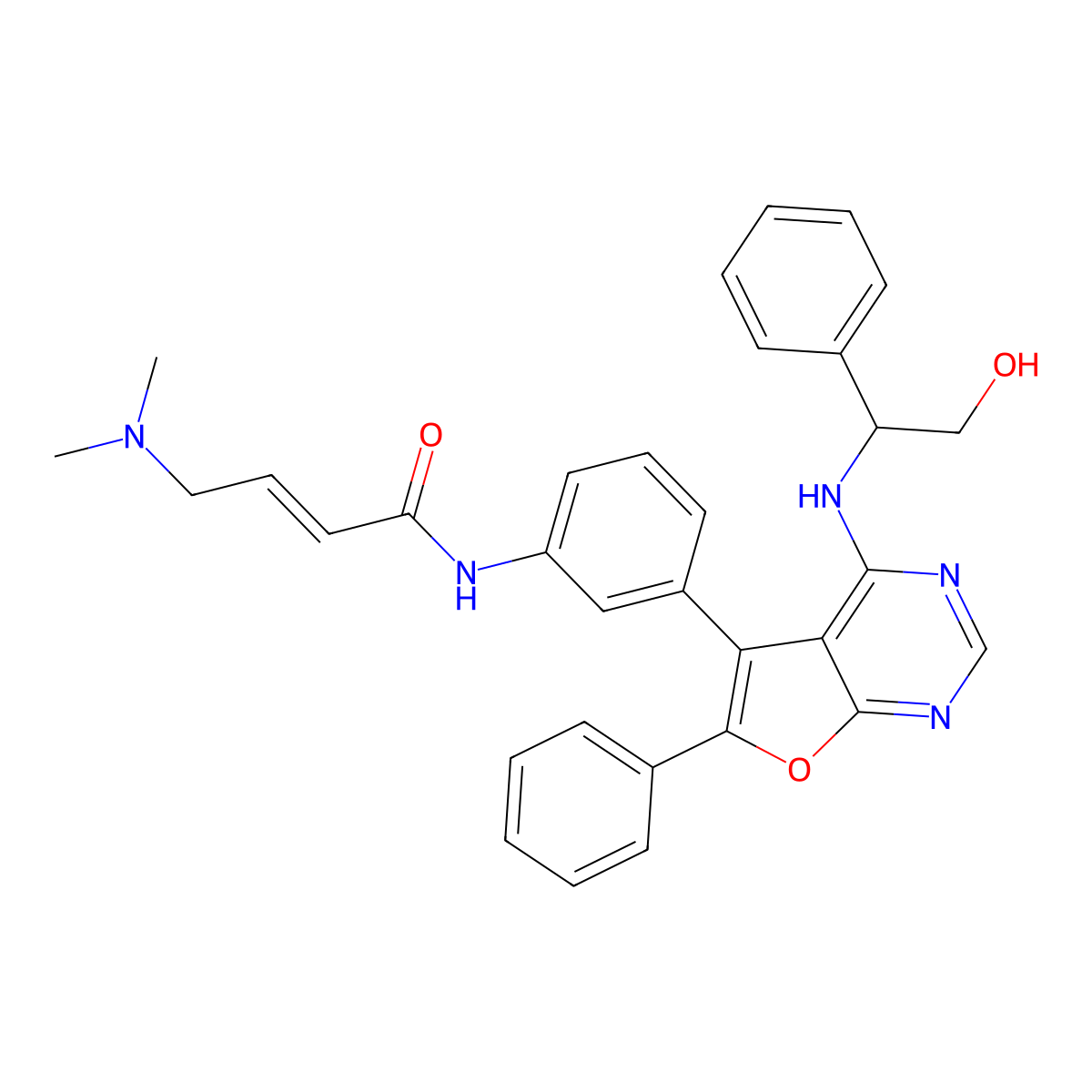 (E)-4-(dimethylamino)-N-[3-[4-[[(1S)-2-hydroxy-1-phenylethyl]amino]-6-phenylfuro[2,3-d]pyrimidin-5-yl]phenyl]but-2-enamide molecular structure, CAS 1226549-49-0