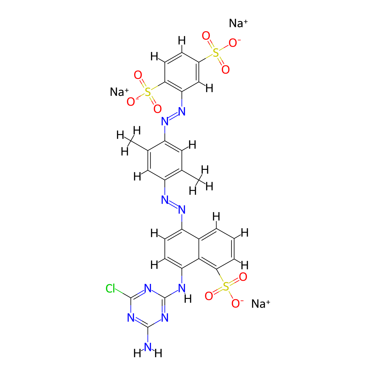1,4-Benzenedisulfonic acid, 2-(2-(4-(2-(4-((4-amino-6-chloro-1,3,5-triazin-2-yl)amino)-5-sulfo-1-naphthalenyl)diazenyl)-2,5-dimethylphenyl)diazenyl)-, sodium salt (1:3) molecular structure, CAS 12270-76-7
