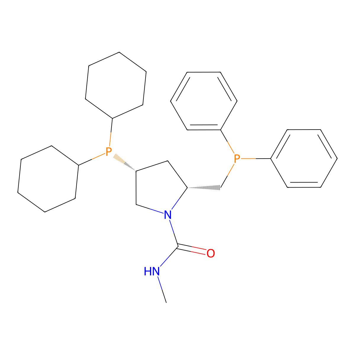 (2R,4R)-4-(Dicyclohexylphosphino)-2-((diphenylphosphino)methyl)-N-methylpyrrolidine-1-carboxamide , (R,R-MCCPM) molecular structure, CAS 122709-72-2