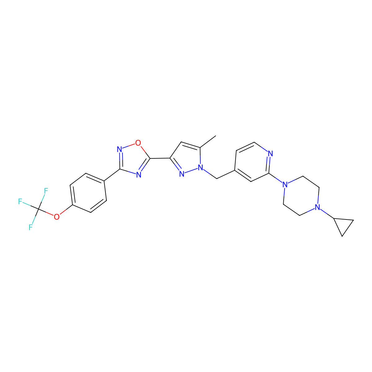 1-cyclopropyl-4-(4-((5-methyl-3-(3-(4-(trifluoromethoxy)phenyl)-1,2,4-oxadiazol-5-yl)-1H-pyrazol-1-yl)methyl)pyridin-2-yl)piperazine molecular structure, CAS 1227158-85-1