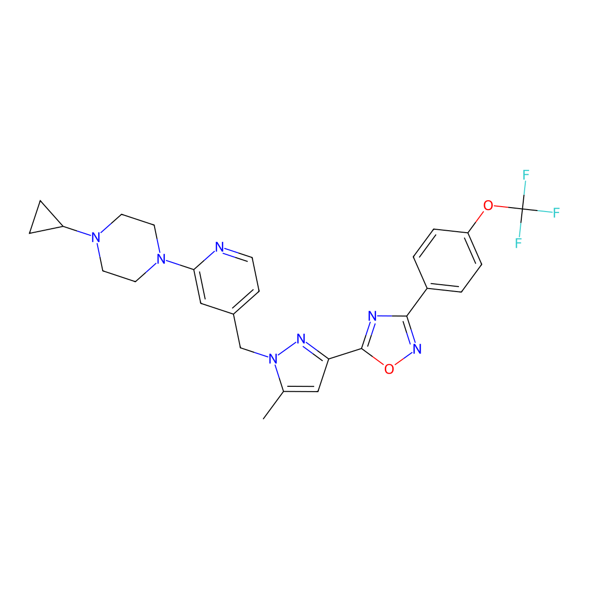 1-cyclopropyl-4-(4-((5-methyl-3-(3-(4-(trifluoromethoxy)phenyl)-1,2,4-oxadiazol-5-yl)-1H-pyrazol-1-yl)methyl)pyridin-2-yl)piperazine molecular structure, CAS 1227158-85-1