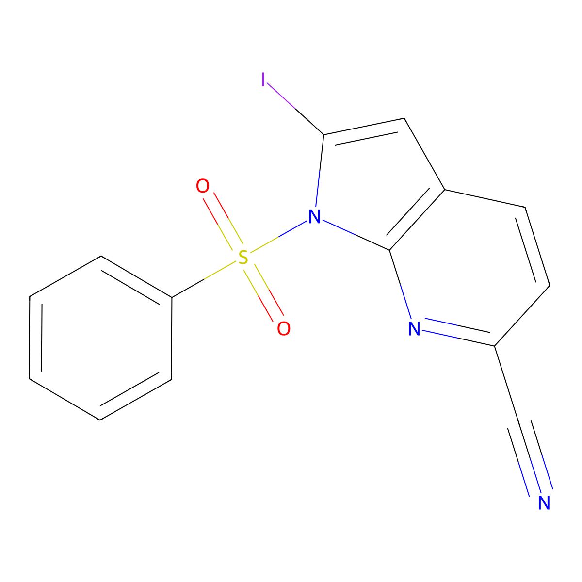 2-Iodo-1-(phenylsulfonyl)-1H-pyrrolo[2,3-b]pyridine-6-carbonitrile molecular structure, CAS 1227267-29-9