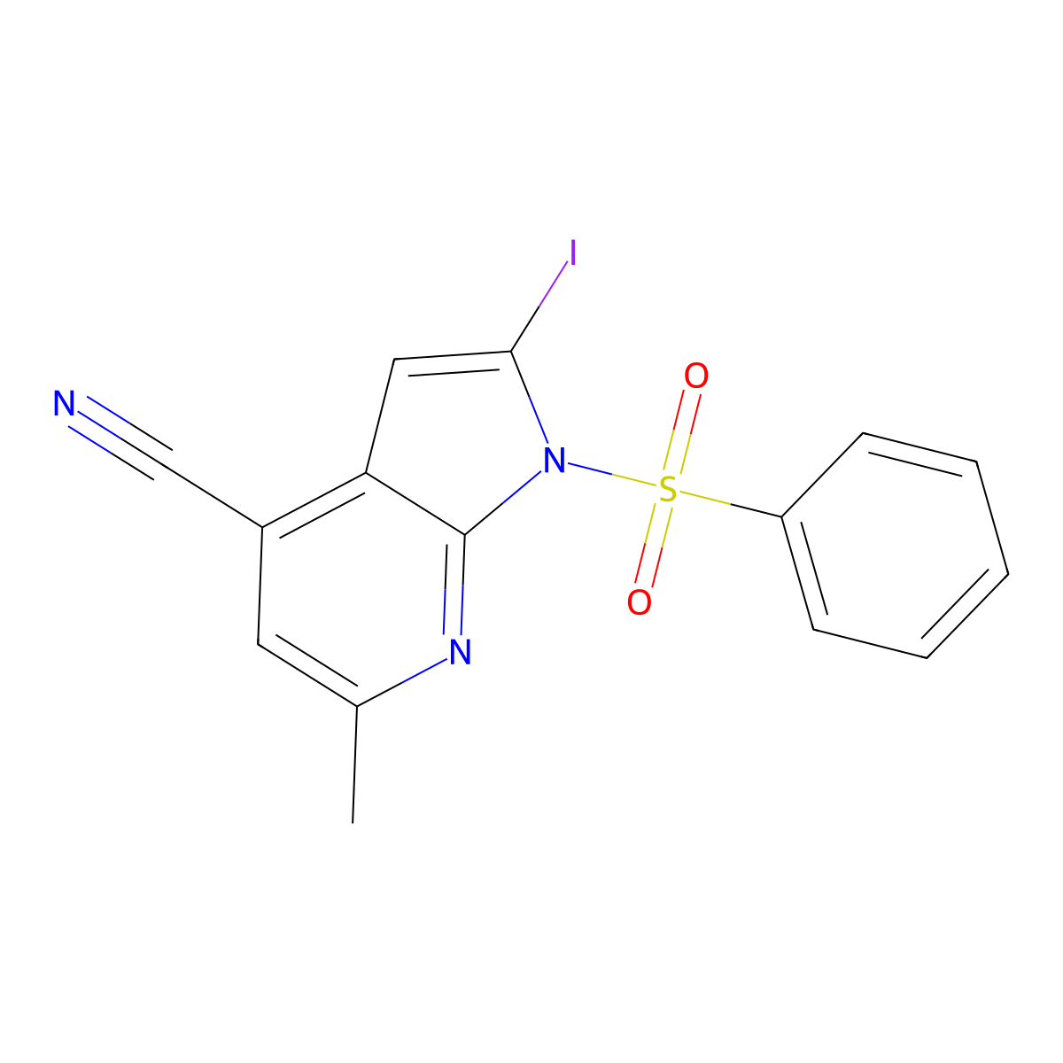 2-Iodo-6-methyl-1-(phenylsulfonyl)-1H-pyrrolo[2,3-b]pyridine-4-carbonitrile molecular structure, CAS 1227268-52-1