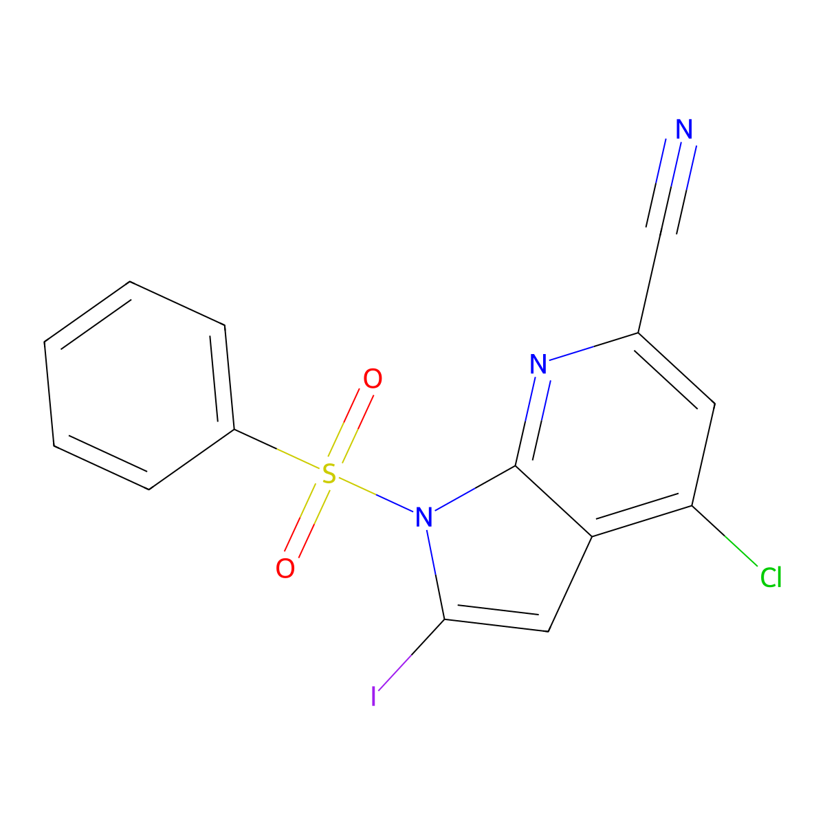 4-Chloro-2-iodo-1-(phenylsulfonyl)-1H-pyrrolo[2,3-b]pyridine-6-carbonitrile molecular structure, CAS 1227268-57-6