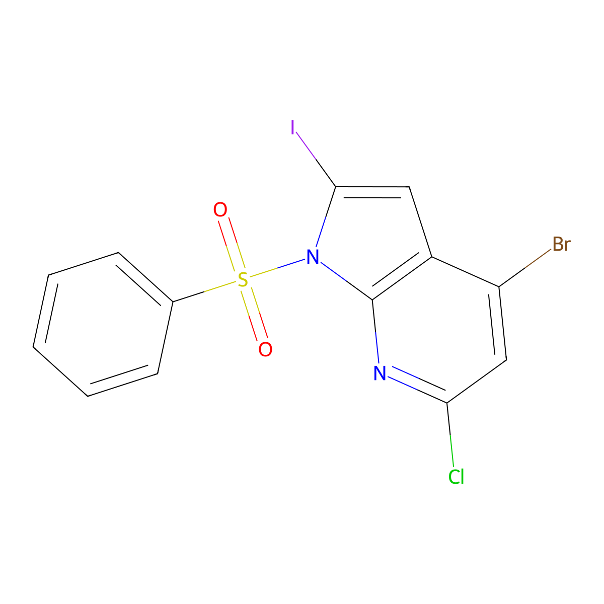 1-(Phenylsulfonyl)-4-bromo-6-chloro-2-iodo-7-azaindole molecular structure, CAS 1227268-75-8