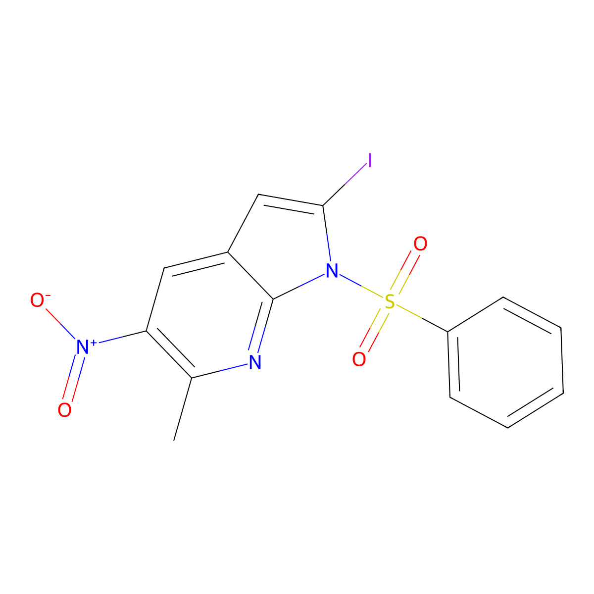 2-Iodo-6-methyl-5-nitro-1-(phenylsulfonyl)-1H-pyrrolo[2,3-b]pyridine molecular structure, CAS 1227268-96-3