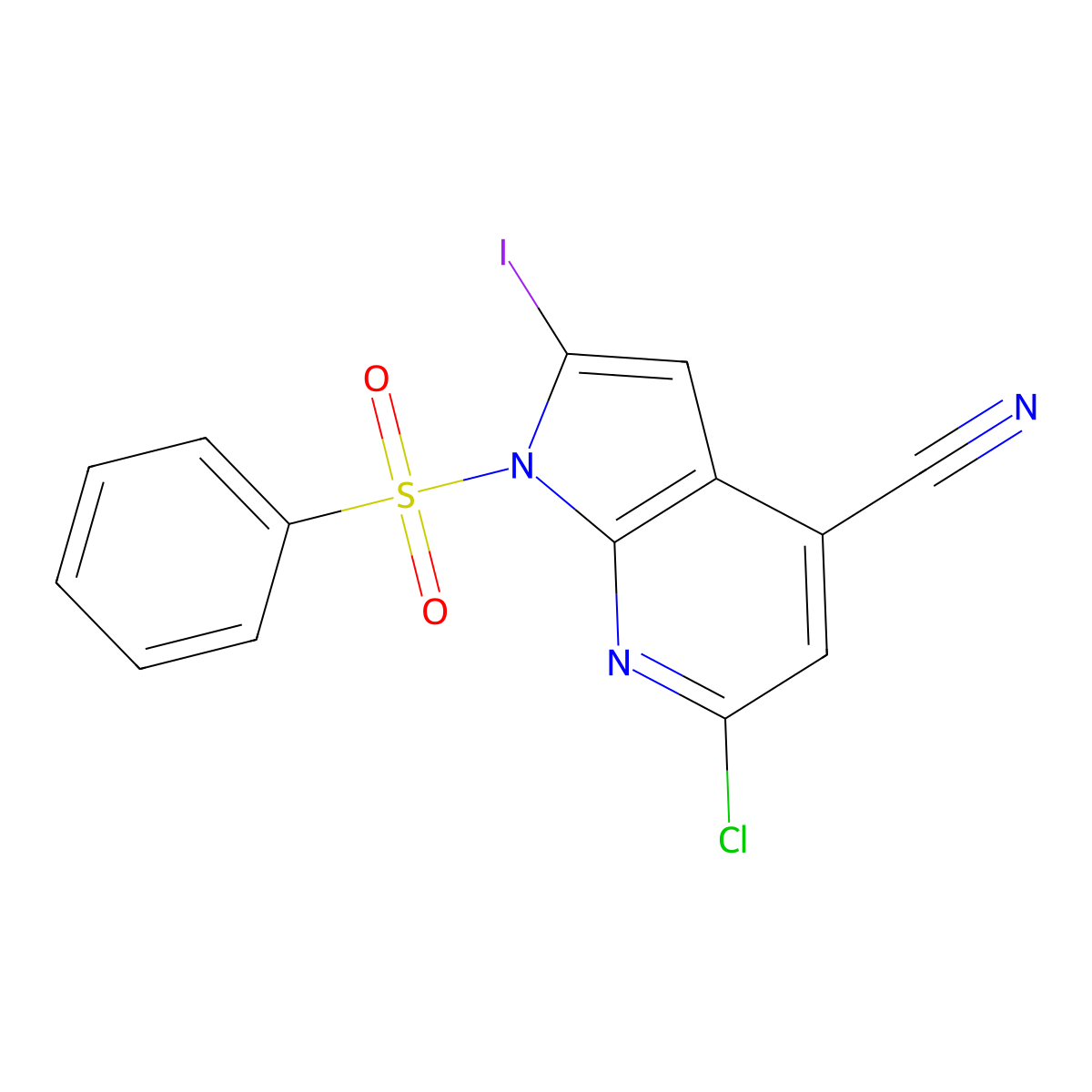 6-Chloro-2-iodo-1-(phenylsulfonyl)-1H-pyrrolo[2,3-b]pyridine-4-carbonitrile molecular structure, CAS 1227270-16-7