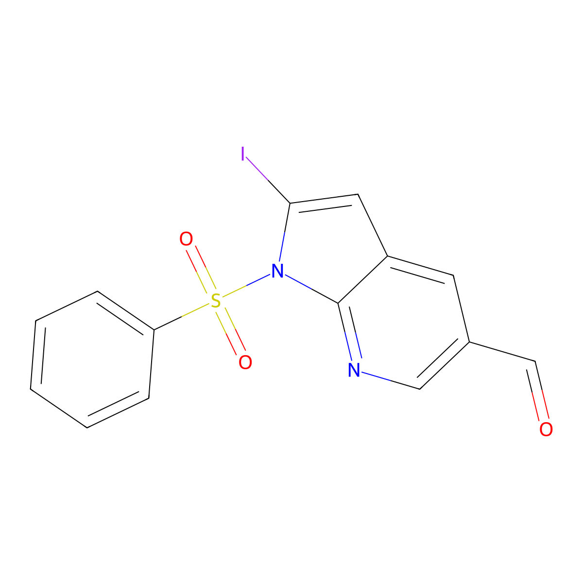 2-Iodo-1-(phenylsulfonyl)-1H-pyrrolo[2,3-b]pyridine-5-carbaldehyde molecular structure, CAS 1227270-23-6