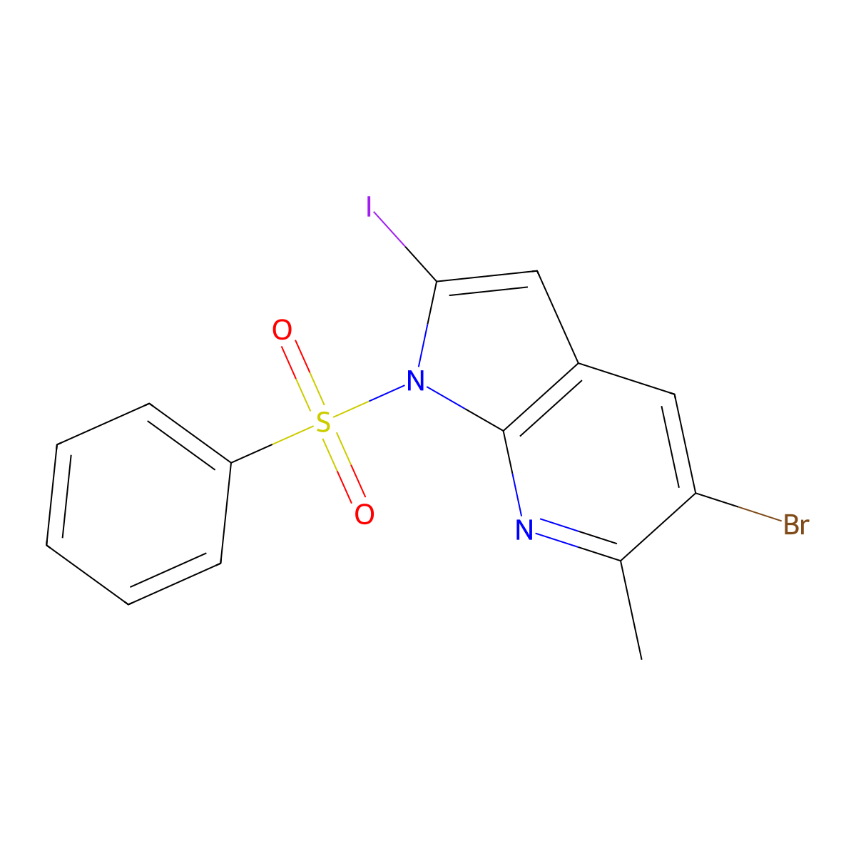 5-Bromo-2-iodo-6-methyl-1-(phenylsulfonyl)-1H-pyrrolo[2,3-b]pyridine molecular structure, CAS 1227270-97-4