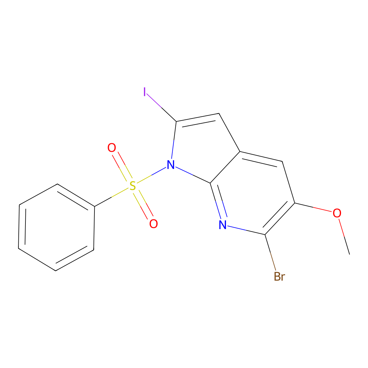 6-Bromo-2-iodo-5-methoxy-1-(phenylsulfonyl)-1H-pyrrolo[2,3-b]pyridine molecular structure, CAS 1227270-99-6