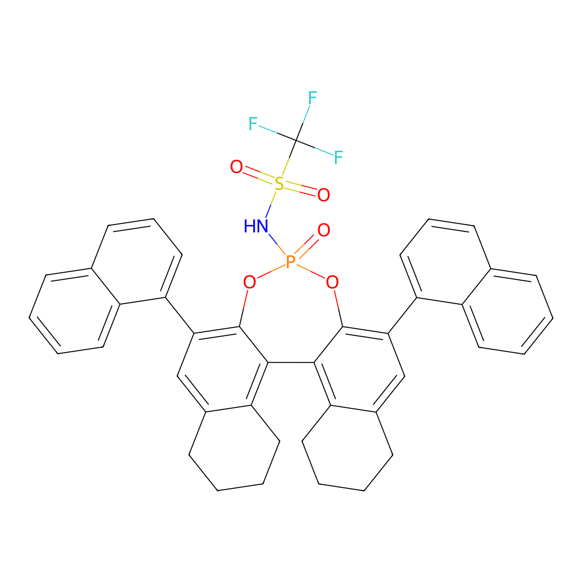 (11bS)-N-(2,6-Di(naphthalen-1-yl)-4-oxido-8,9,10,11,12,13,14,15-octahydrodinaphtho[2,1-d:1',2'-f][1,3,2]dioxaphosphepin-4-yl)-1,1,1-trifluoromethanesulfonamide molecular structure, CAS 1227374-66-4