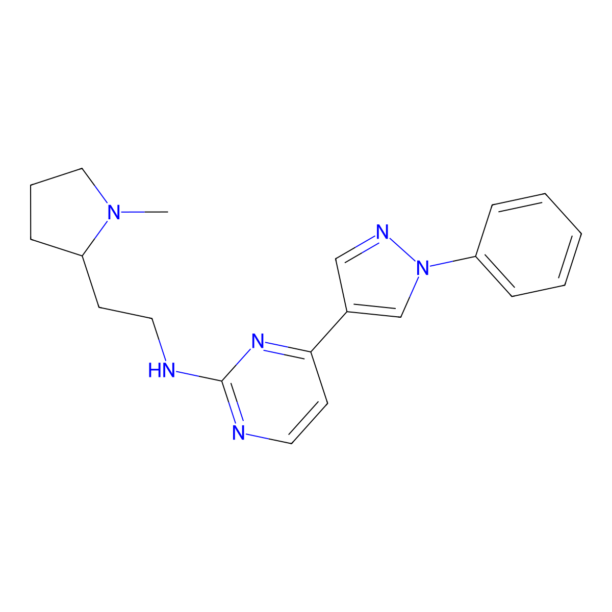 N-(2-(1-Methylpyrrolidin-2-yl)ethyl)-4-(1-phenyl-1H-pyrazol-4-yl)pyrimidin-2-amine molecular structure, CAS 1227716-33-7