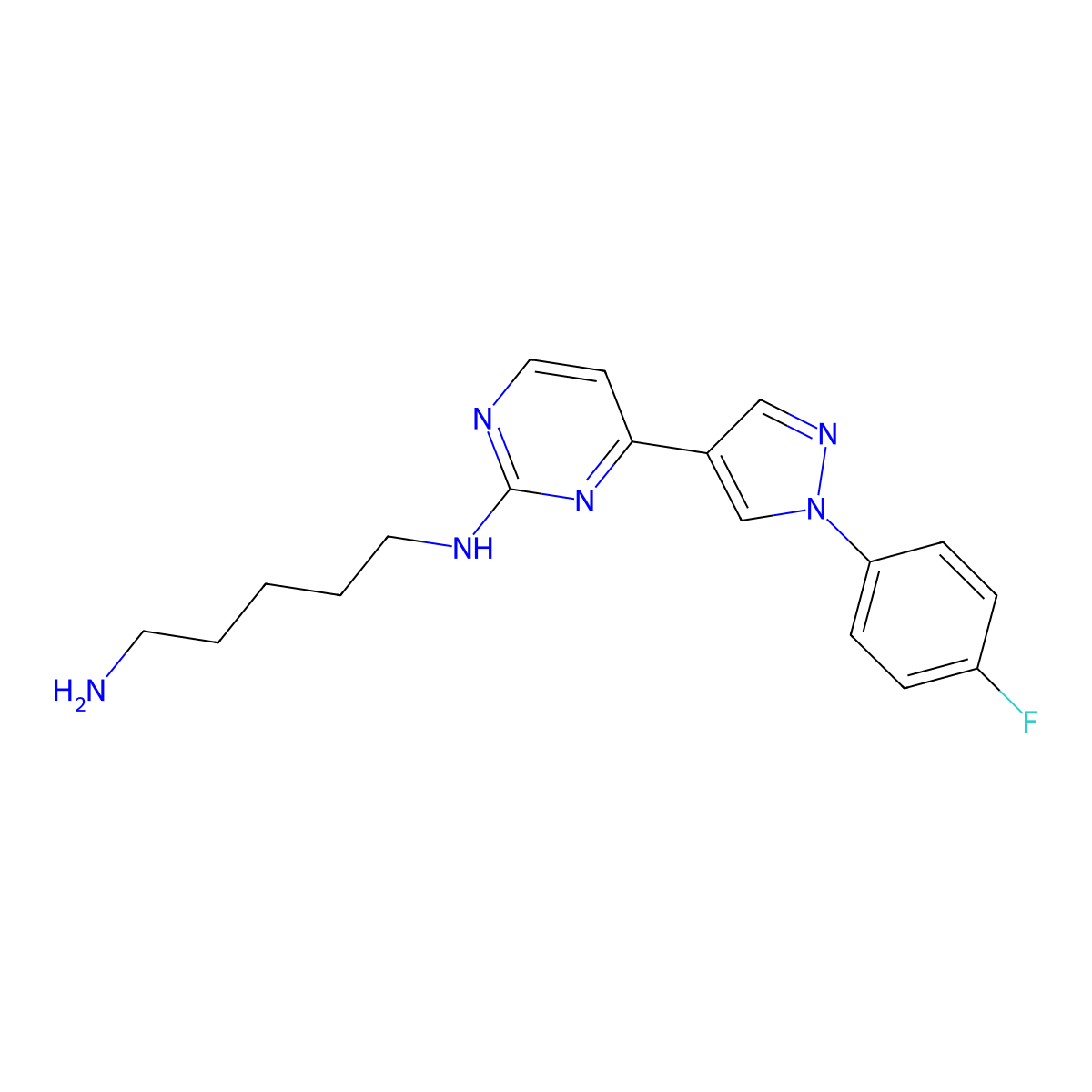 N1-(4-(1-(4-Fluorophenyl)-1H-pyrazol-4-yl)pyrimidin-2-yl)pentane-1,5-diamine molecular structure, CAS 1227717-49-8