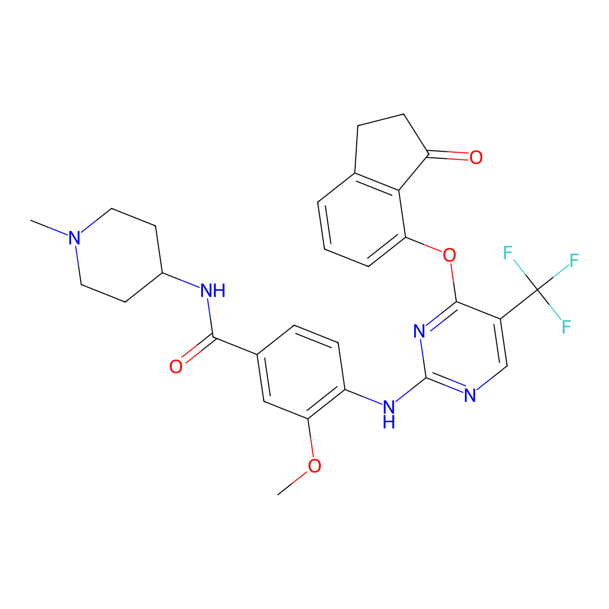 3-Methoxy-N-(1-methylpiperidin-4-yl)-4-((4-((3-oxo-2,3-dihydro-1H-inden-4-yl)oxy)-5-(trifluoromethyl)pyrimidin-2-yl)amino)benzamide molecular structure, CAS 1227948-02-8