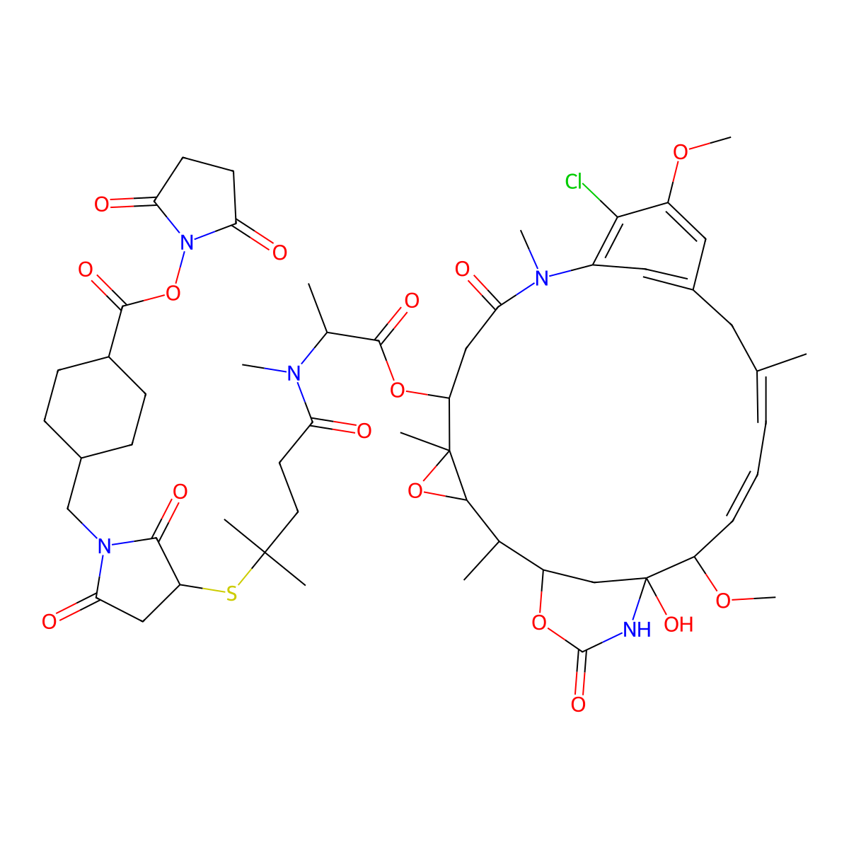 (2,5-dioxopyrrolidin-1-yl) 4-[[3-[5-[[(2S)-1-[[(1S,2R,3S,5S,6S,20R,21S)-11-chloro-21-hydroxy-12,20-dimethoxy-2,5,9,16-tetramethyl-8,23-dioxo-4,24-dioxa-9,22-diazatetracyclo[19.3.1.110,14.03,5]hexacosa-10,12,14(26),16,18-pentaen-6-yl]oxy]-1-oxopropan-2-yl]-methylamino]-2-methyl-5-oxopentan-2-yl]sulfanyl-2,5-dioxopyrrolidin-1-yl]methyl]cyclohexane-1-carboxylate molecular structure, CAS 1228105-52-9