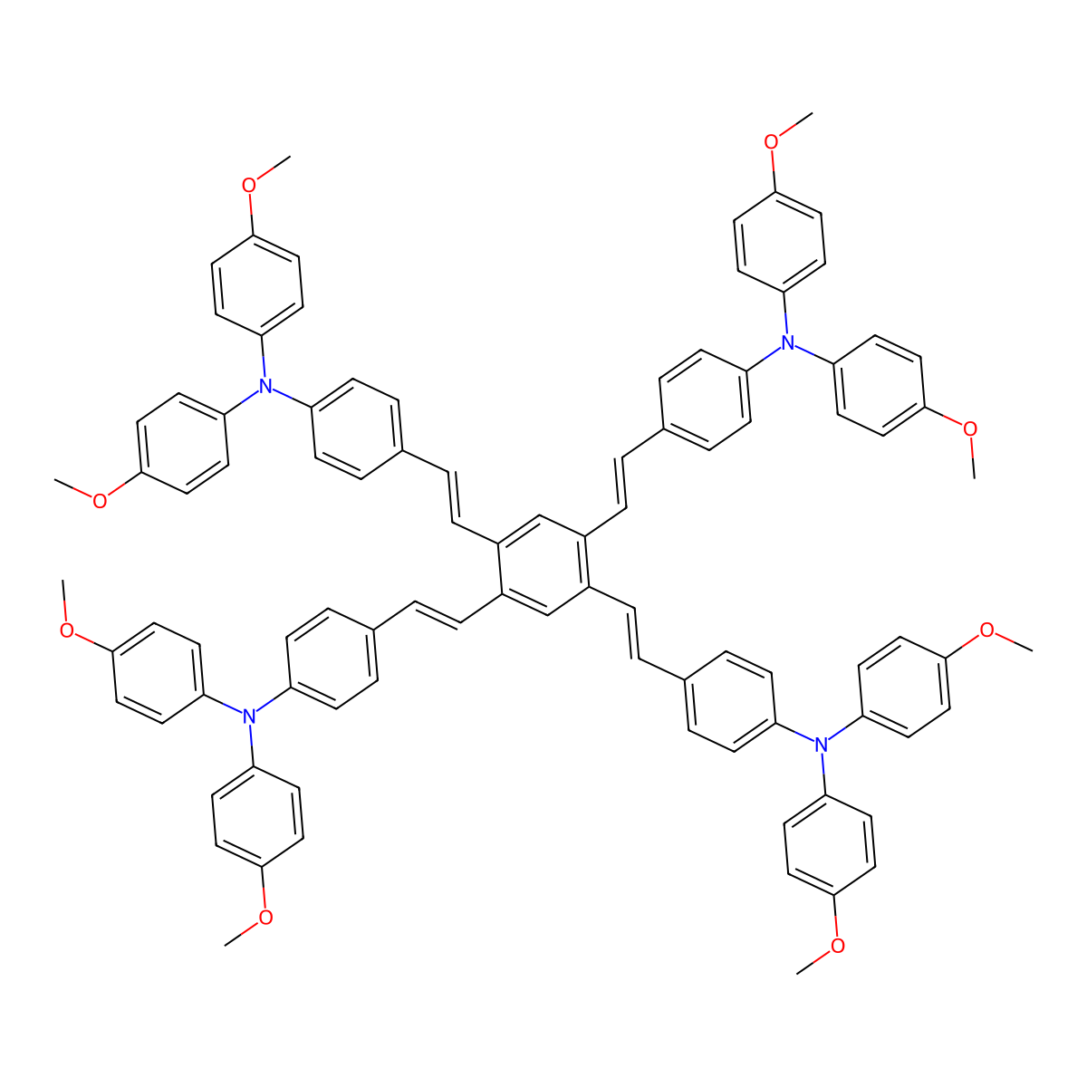 N,N-bis(4-methoxyphenyl)-4-[2-[2,4,5-tris[2-[4-(4-methoxy-N-(4-methoxyphenyl)anilino)phenyl]vinyl]phenyl]vinyl]aniline molecular structure, CAS 1228275-23-7