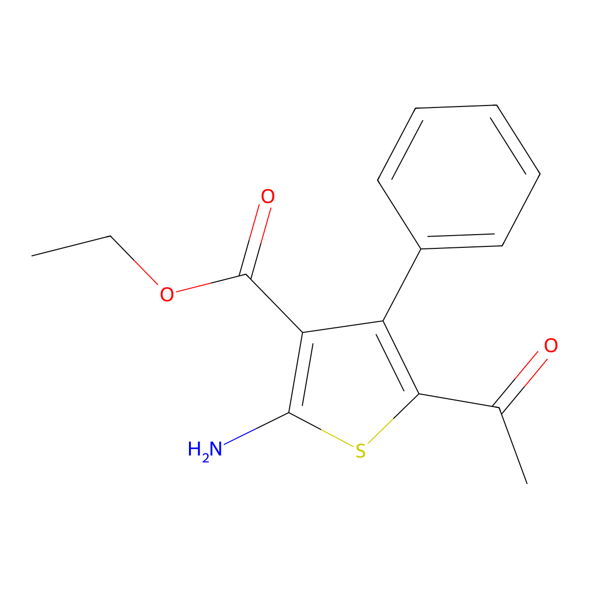 Ethyl 5-acetyl-2-amino-4-phenylthiophene-3-carboxylate molecular structure, CAS 122835-45-4