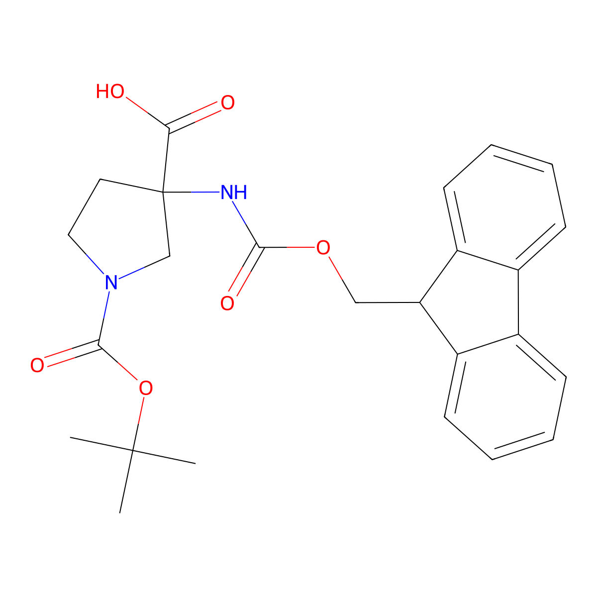 1-((tert-butoxy)carbonyl)-3-((((9H-fluoren-9-yl)methoxy)carbonyl)amino)pyrrolidine-3-carboxylic acid molecular structure, CAS 1228551-85-6