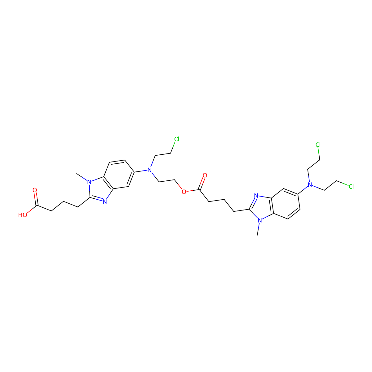 1H-Benzimidazole-2-butanoic acid, 5-(bis(2-chloroethyl)amino)-1-methyl-, 2-((2-(3-carboxypropyl)-1-methyl-1H-benzimidazol-5-yl)(2-chloroethyl)amino)ethyl ester molecular structure, CAS 1228551-91-4