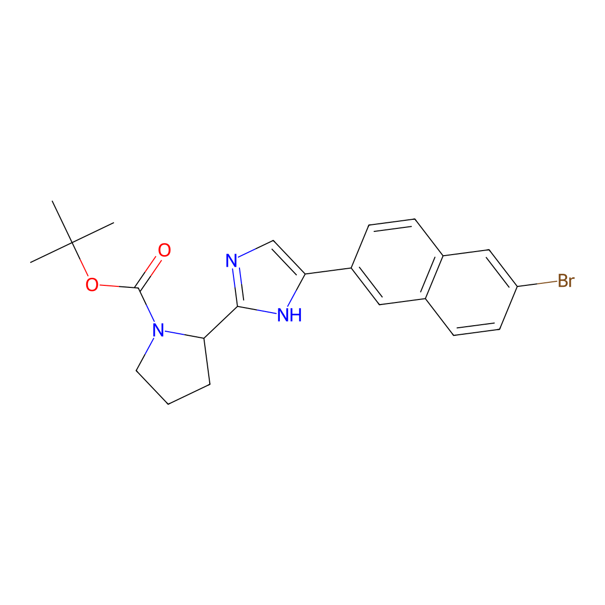 (S)-tert-butyl 2-(5-(6-bromonaphthalen-2-yl)-1H-imidazol-2-yl)pyrrolidine-1-carboxylate molecular structure, CAS 1228551-96-9