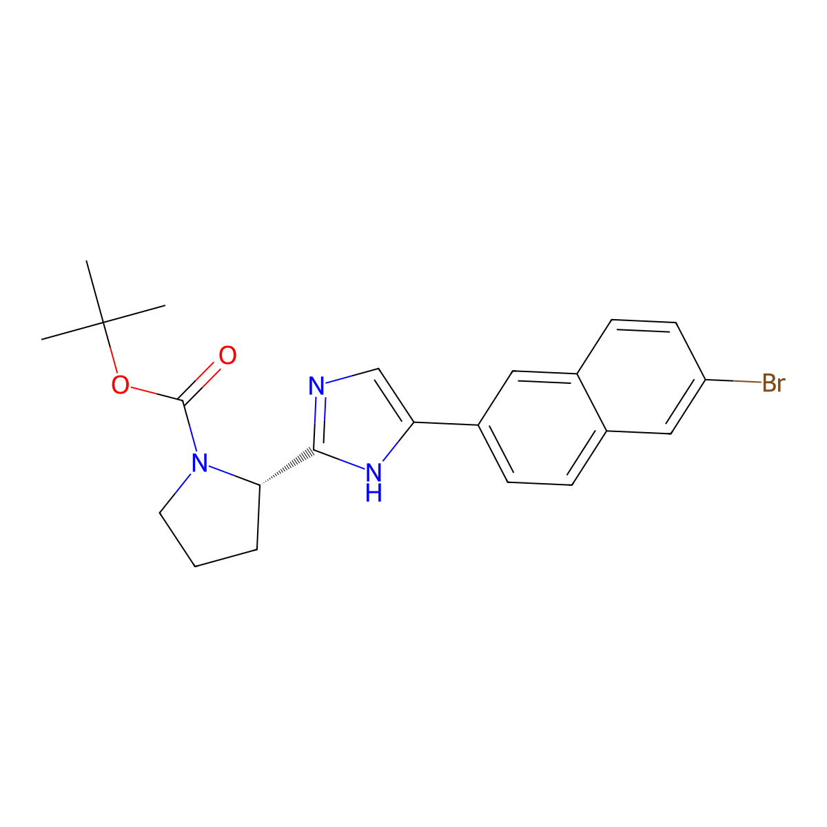 (S)-tert-butyl 2-(5-(6-bromonaphthalen-2-yl)-1H-imidazol-2-yl)pyrrolidine-1-carboxylate molecular structure, CAS 1228551-96-9