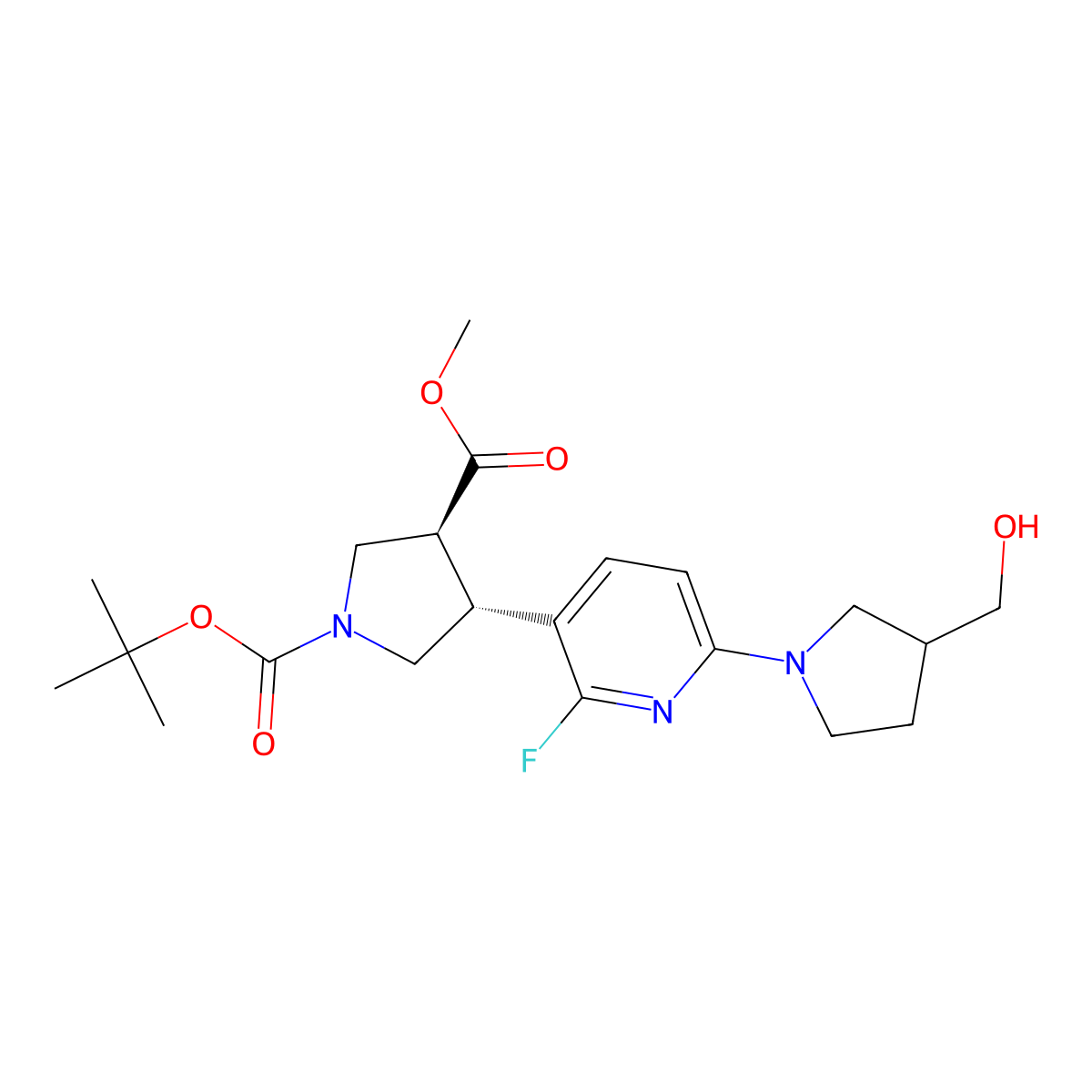 (trans)-1-Tert-butyl 3-methyl 4-(2-fluoro-6-(3-(hydroxymethyl)pyrrolidin-1-yl)pyridin-3-yl)pyrrolidine-1,3-dicarboxylate molecular structure, CAS 1228663-93-1