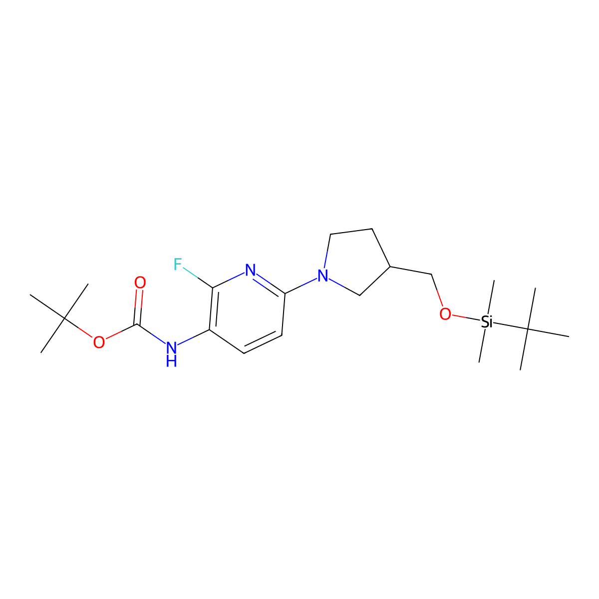 T-Butyl 6-(3-((tert-butyldimethylsilyloxy)methyl)-pyrrolidin-1-YL)-2-fluoropyridin-3-ylcarbamate molecular structure, CAS 1228665-49-3
