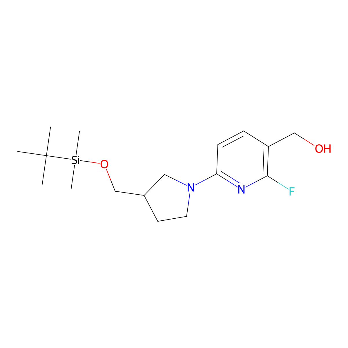 (6-(3-((Tert-butyldimethylsilyloxy)methyl)-pyrrolidin-1-YL)-2-fluoropyridin-3-YL)methanol molecular structure, CAS 1228665-50-6