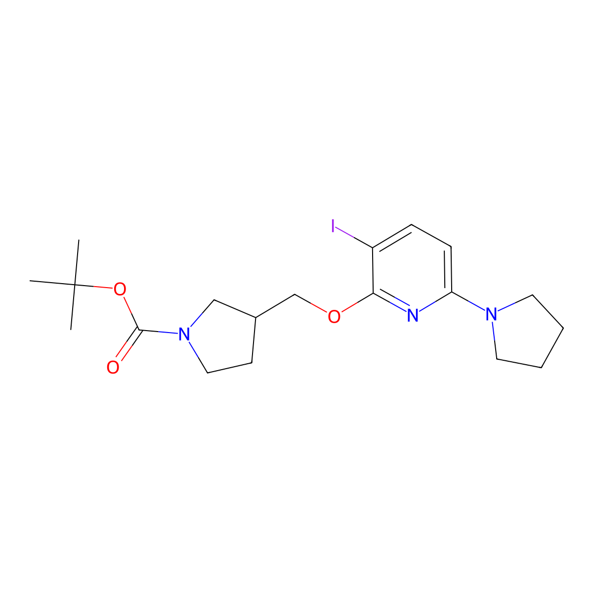 tert-Butyl 3-((3-iodo-6-(pyrrolidin-1-yl)pyridin-2-yloxy)methyl)pyrrolidine-1-carboxylate molecular structure, CAS 1228665-81-3