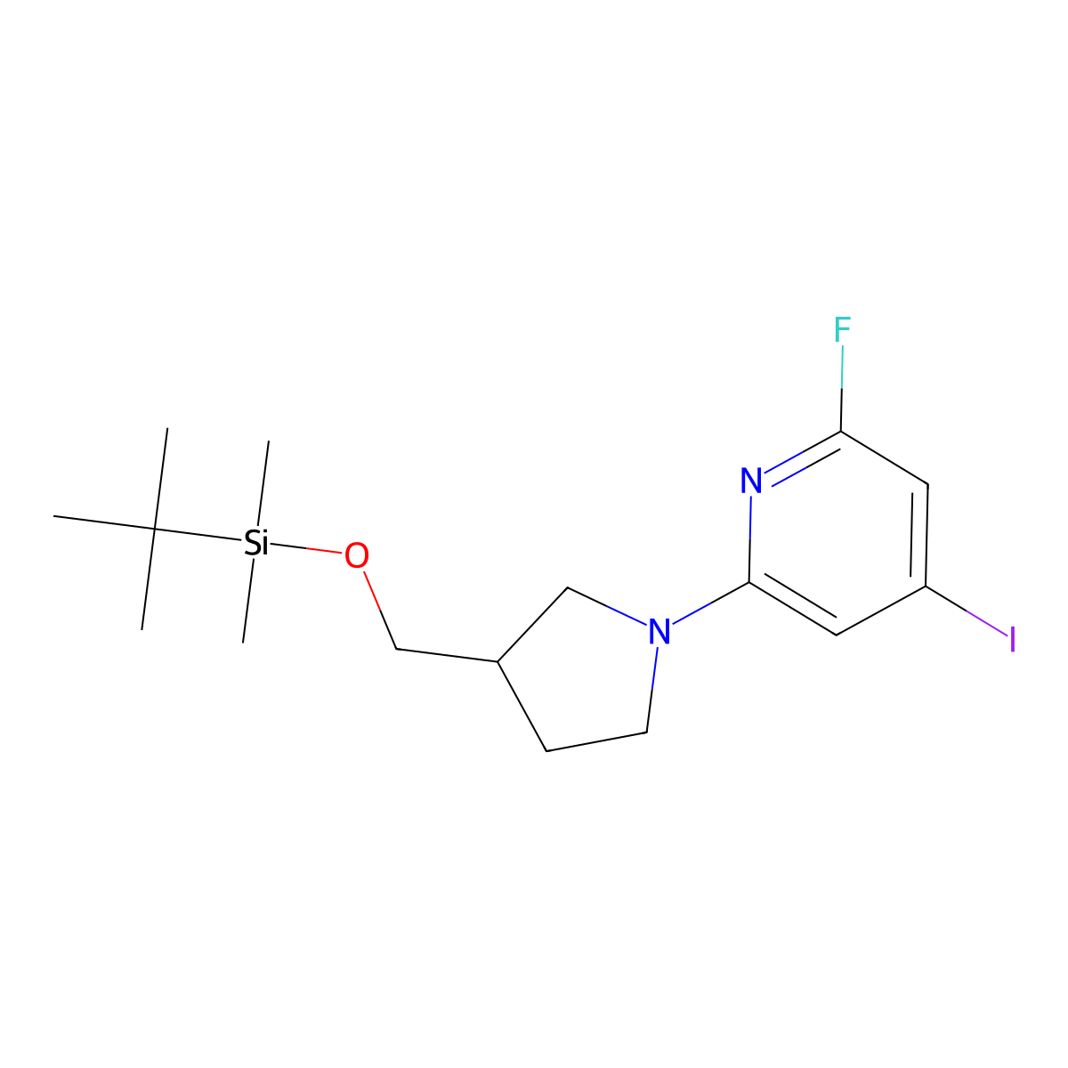 2-(3-((Tert-butyldimethylsilyloxy)methyl)-pyrrolidin-1-YL)-6-fluoro-4-iodopyridine molecular structure, CAS 1228665-82-4
