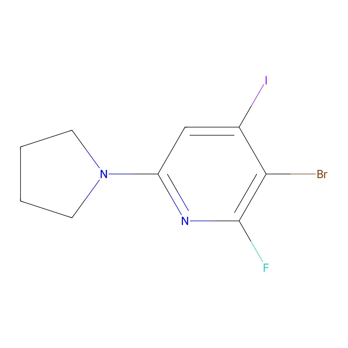 3-Bromo-2-fluoro-4-iodo-6-(pyrrolidin-1-YL)-pyridine molecular structure, CAS 1228666-20-3
