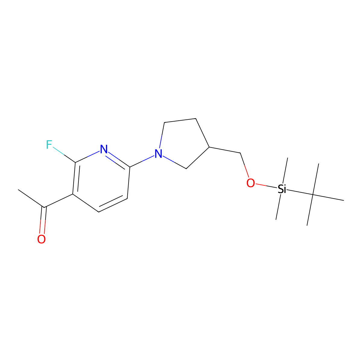 1-(6-(3-((Tert-butyldimethylsilyloxy)methyl)-pyrrolidin-1-YL)-2-fluoropyridin-3-YL)ethanone molecular structure, CAS 1228666-50-9