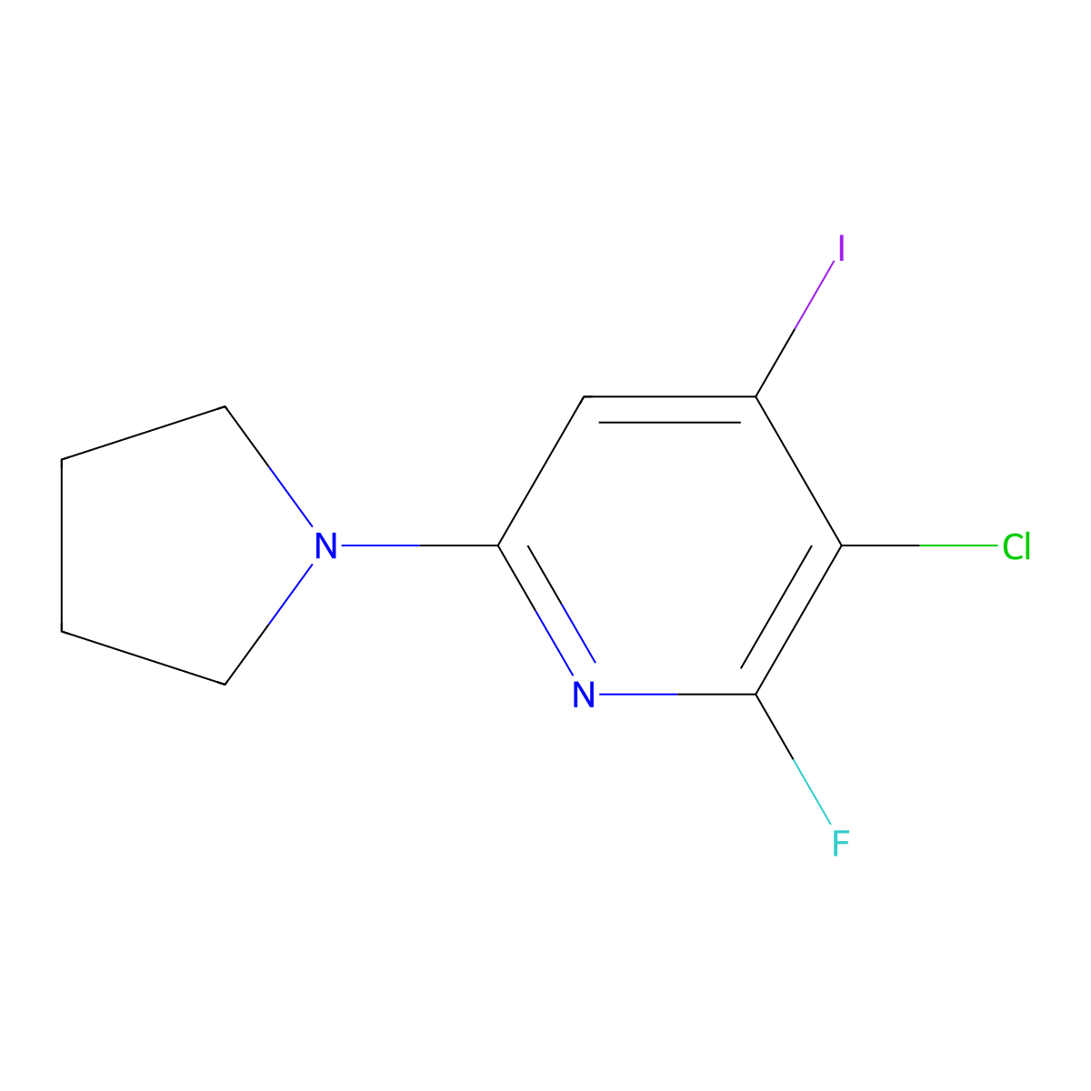3-Chloro-2-fluoro-4-iodo-6-(pyrrolidin-1-YL)-pyridine molecular structure, CAS 1228666-54-3