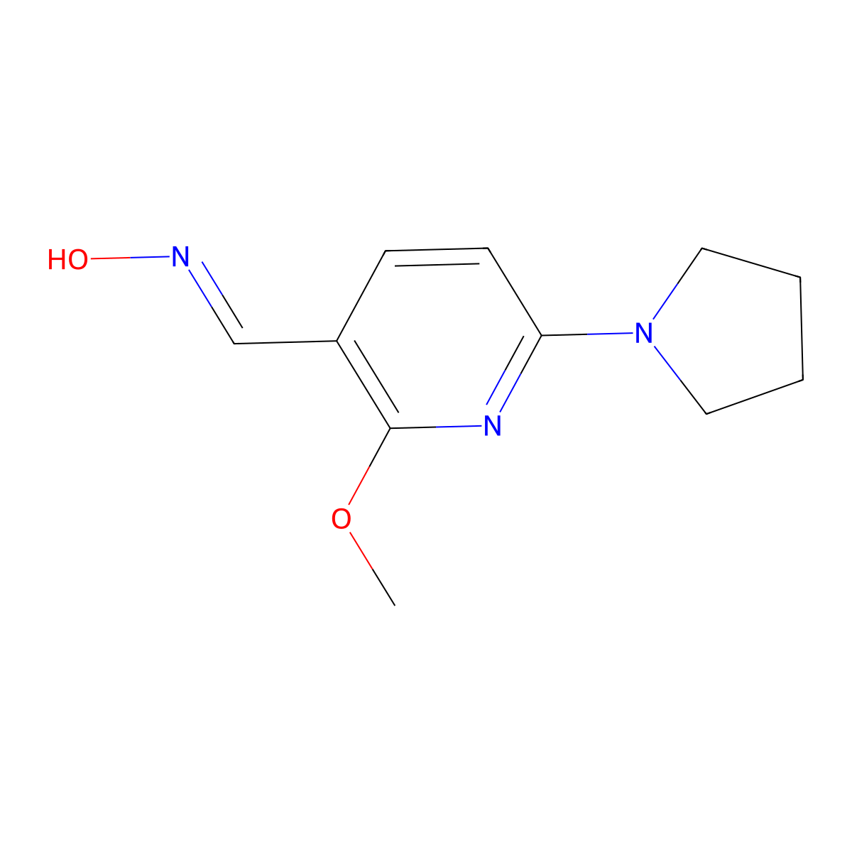 (E)-2-Methoxy-6-(pyrrolidin-1-yl)nicotinaldehyde oxime molecular structure, CAS 1228670-10-7